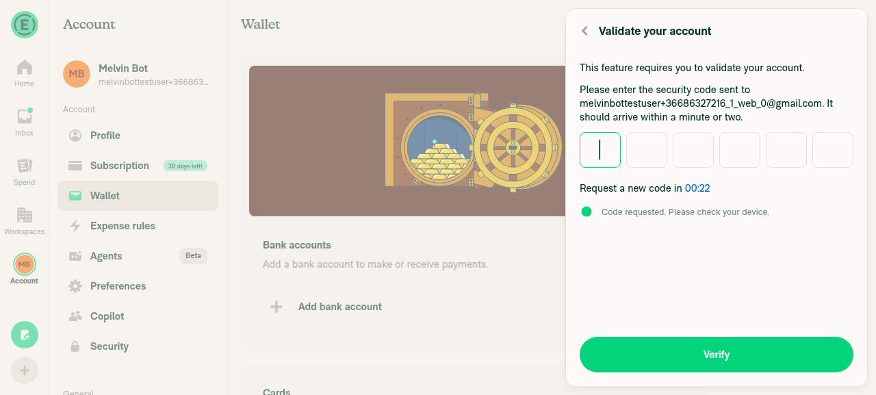 Validate your account magic-code screen blocking Add bank account