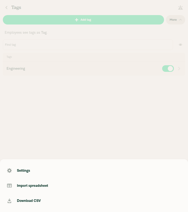Tags More menu with no accounting connection and beta off
