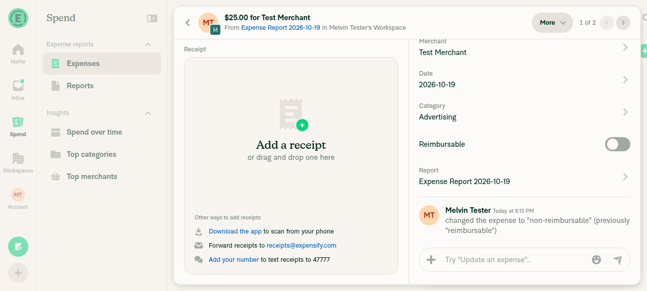Non-reimbursable expense in a multi-expense report