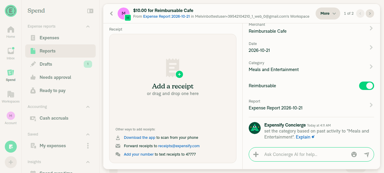 Reimbursable expense in a multi-expense report