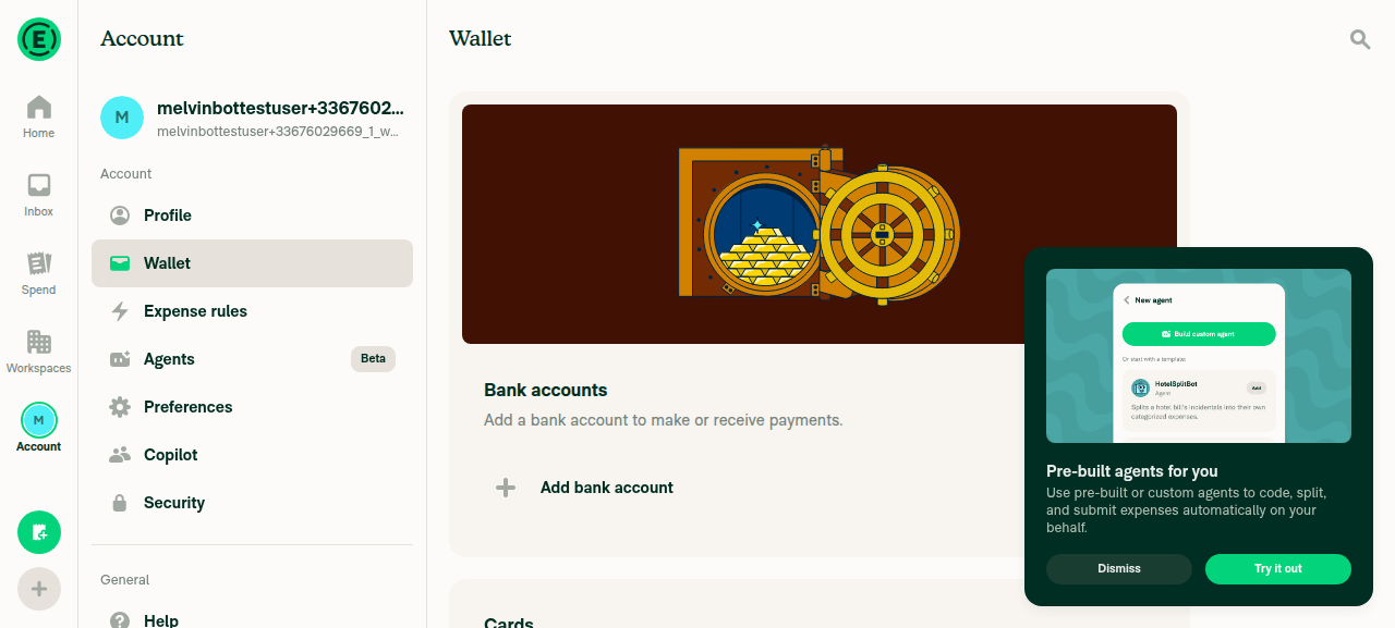 Wallet page showing the Bank accounts section and Add bank account button