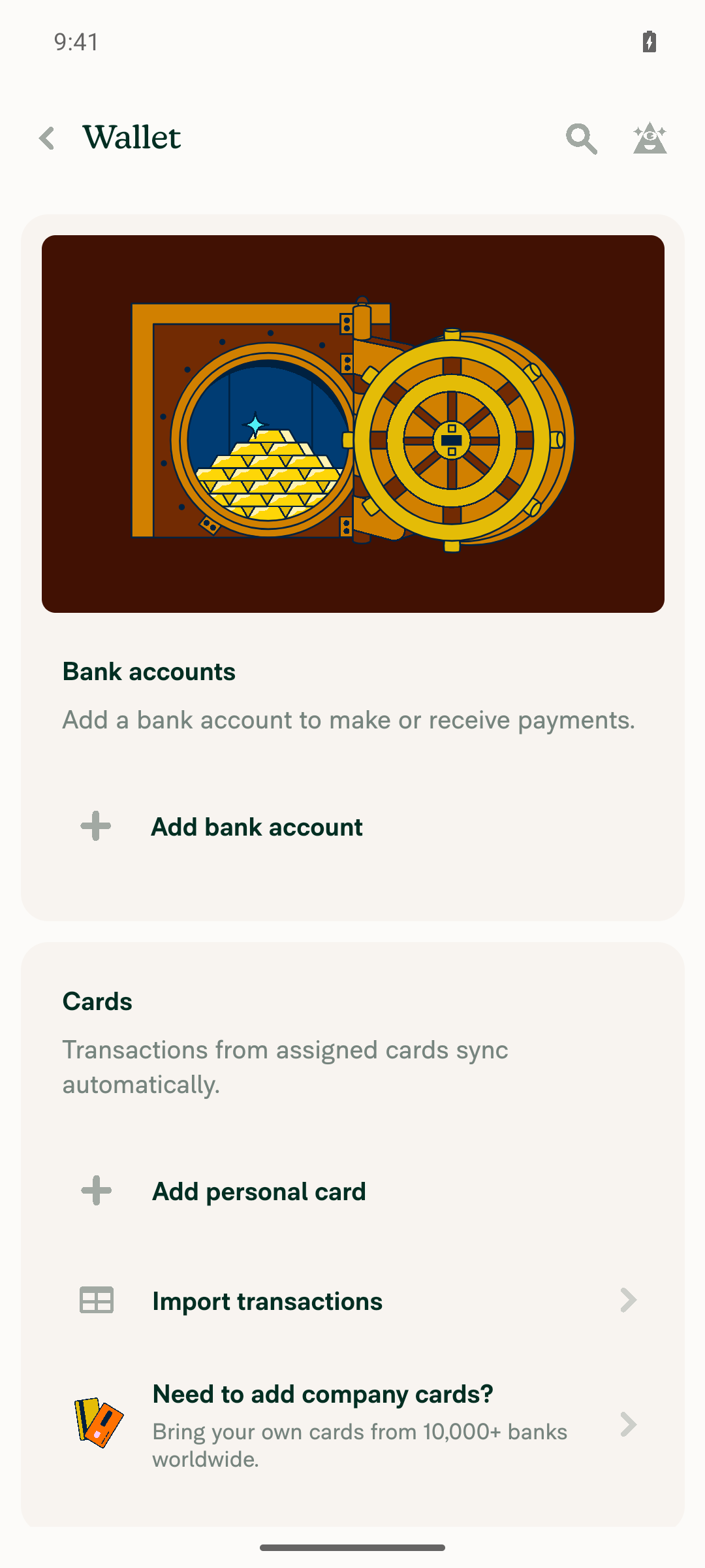 Wallet page with no personal card, only Add personal card