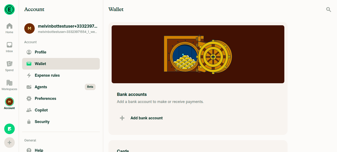 Settings > Wallet with Add bank account present