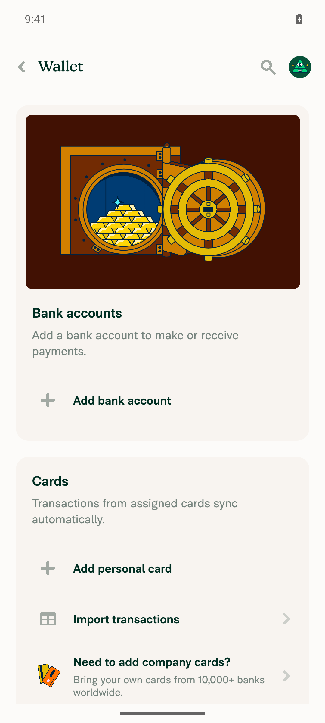 Settings > Wallet page showing only empty-state 'Add bank account' and 'Add personal card' prompts — no wallet balance or Transfer balance option