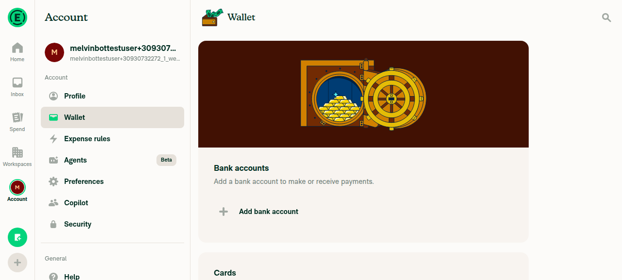 Wallet page with Add bank account button