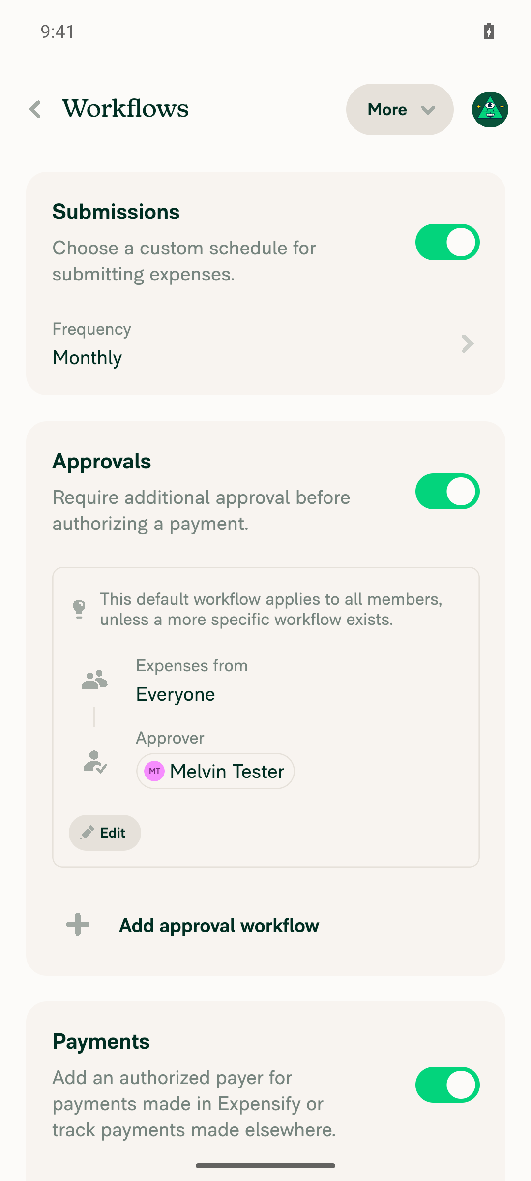 Workflows page showing scheduled submit enabled, Frequency: Monthly, with offset day set to 20th