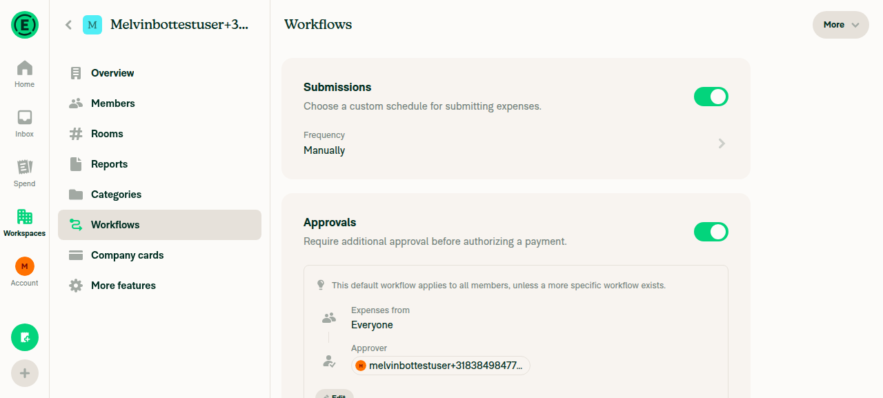 Default Workflows page showing stacked Submissions and Approvals sections (rulesRevamp beta off)