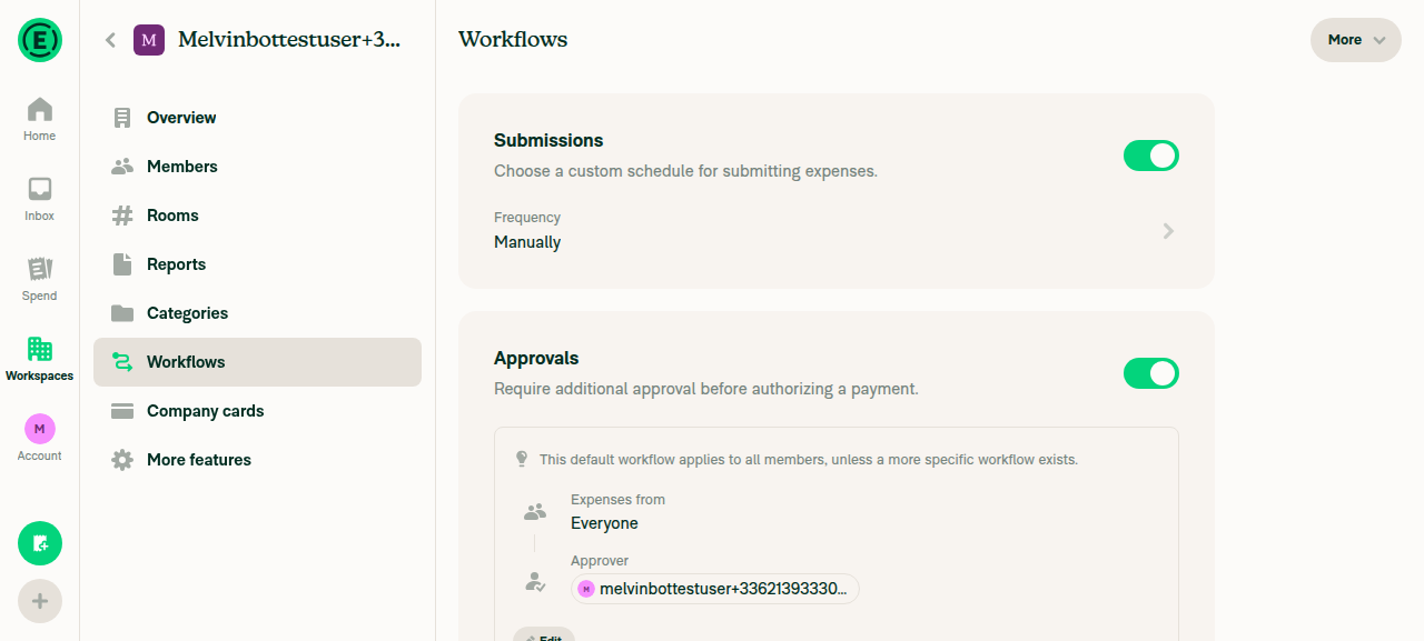 Workflows page with Submissions toggle and Frequency: Manually before changes