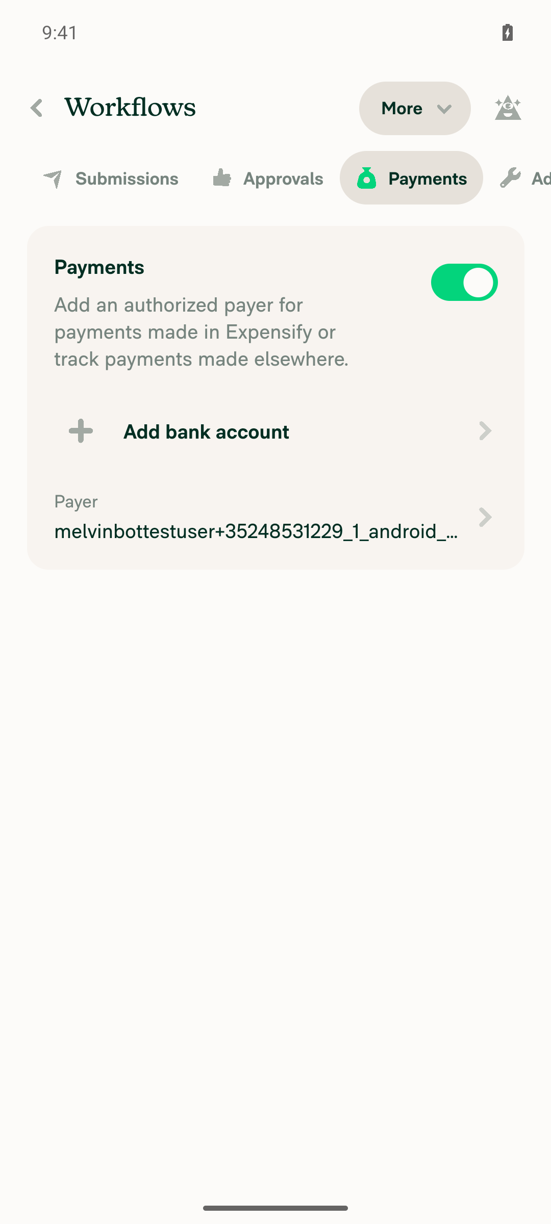 Workflows > Payments tab, online, no connected bank account
