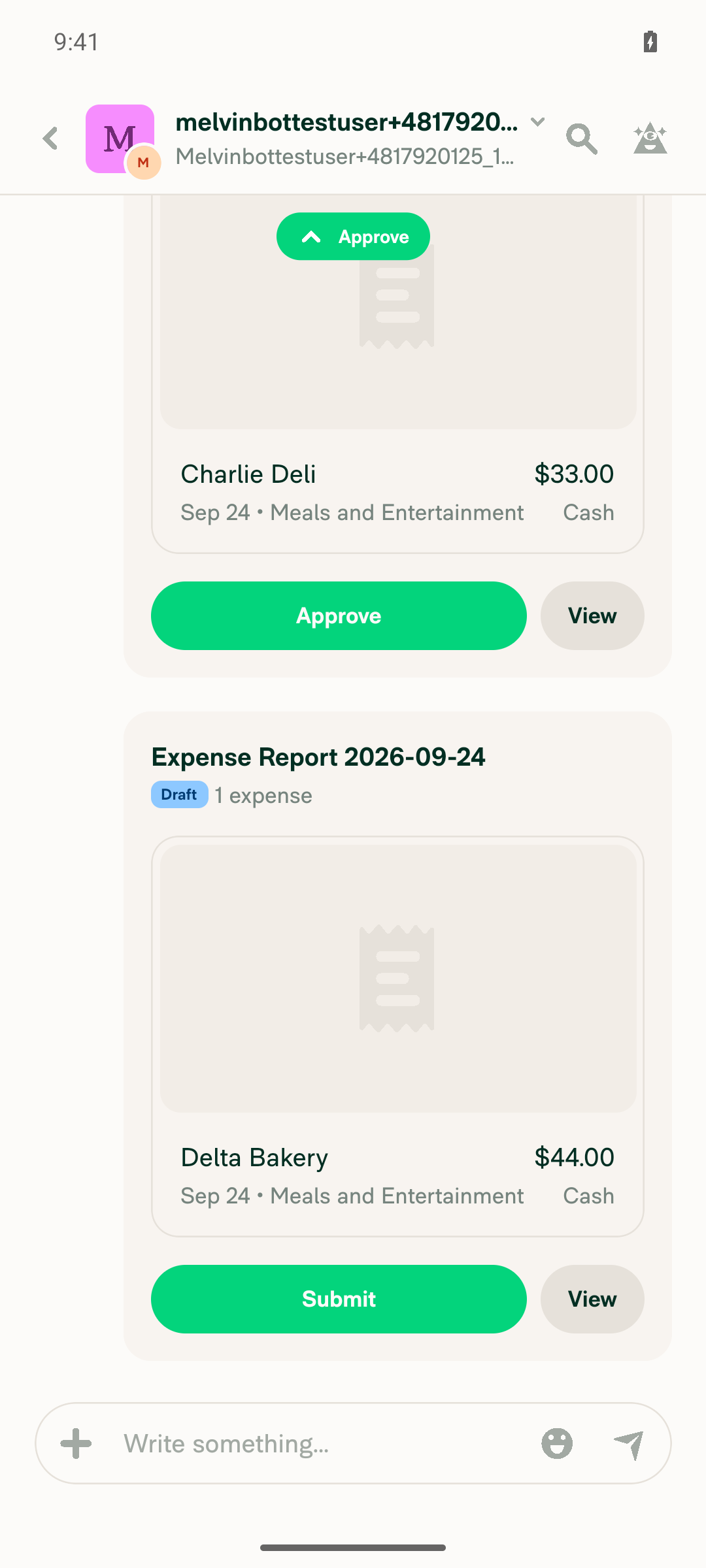 Bottom of workspace chat: action-badge Approve pill, Charlie Deli $33 Approve preview and Delta Bakery $44 Submit preview