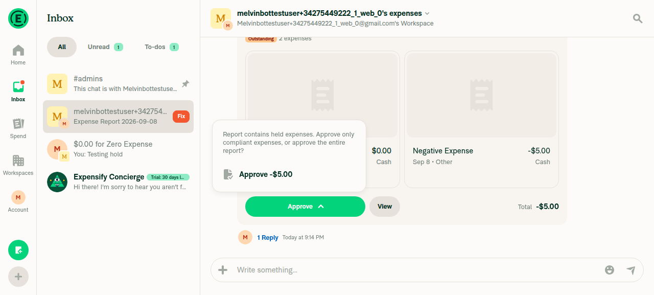 Workspace chat Approve dropdown showing only 'Approve -$5.00', no $0.00 option