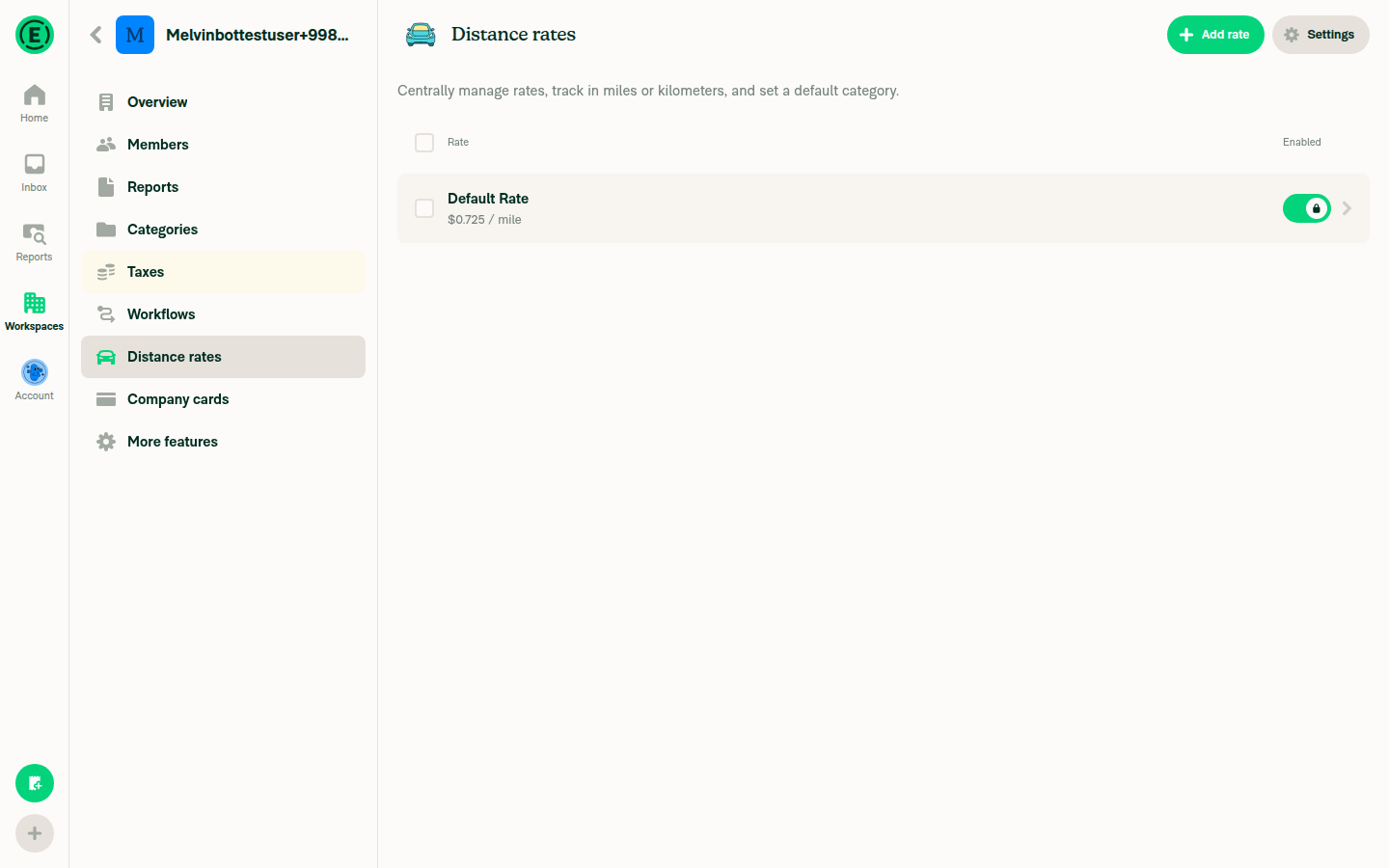 Distance Rates page with enabled toggle