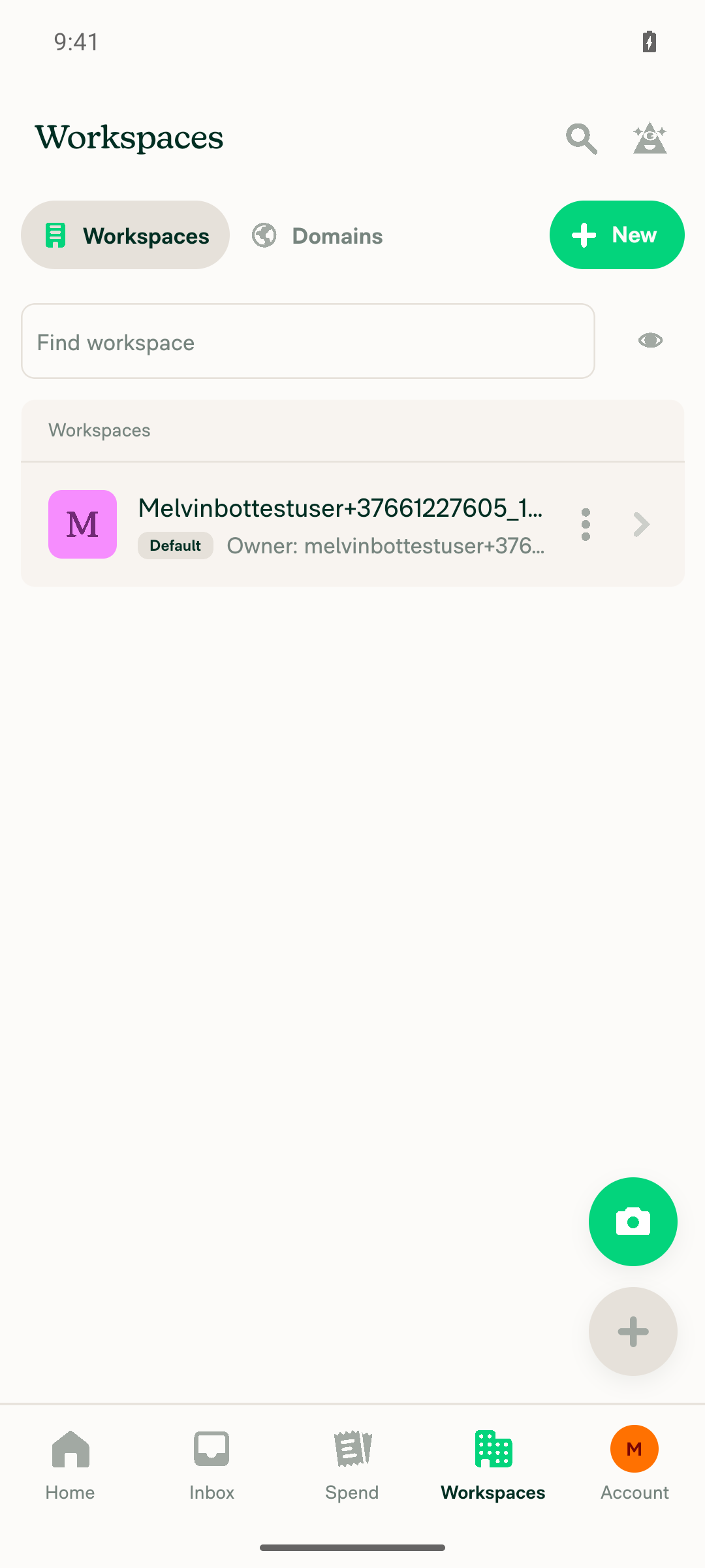 Workspaces list showing one Default workspace owned by the test account