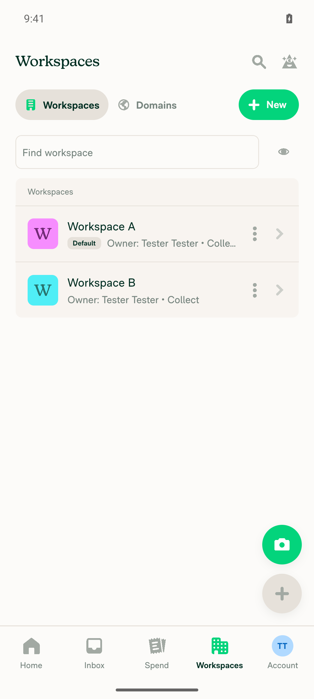 Workspaces list showing both Workspace A and Workspace B