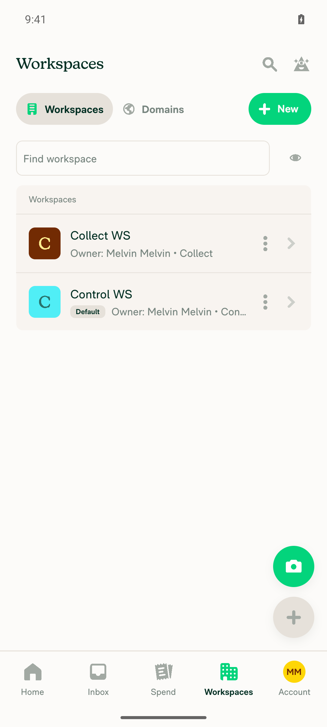 Workspaces list showing Collect WS (Collect plan) and Control WS (Control plan)