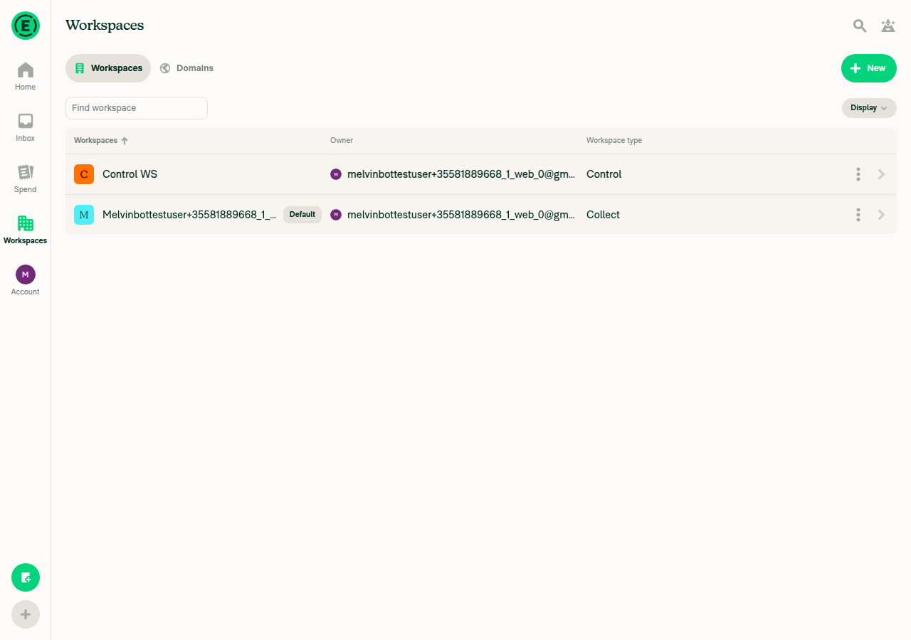 Workspaces list with Control WS (Control) and the default workspace (Collect)