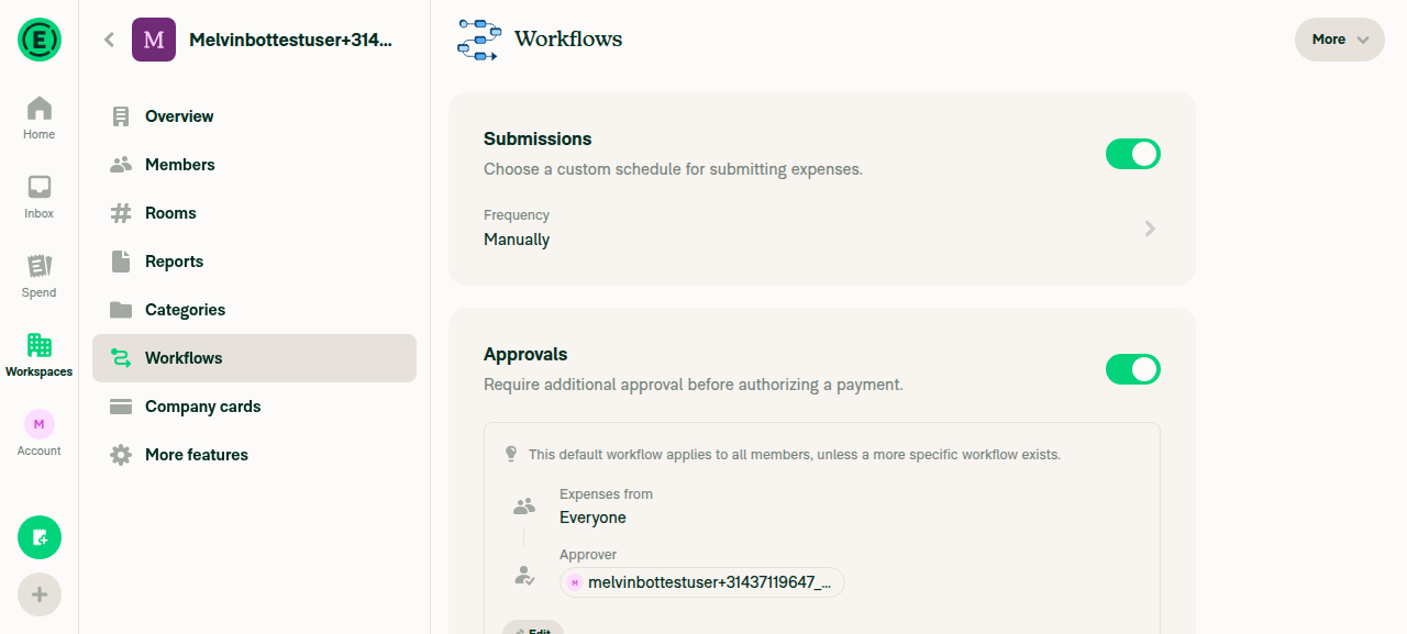Workspace Workflows page showing the Submissions section with Frequency: Manually