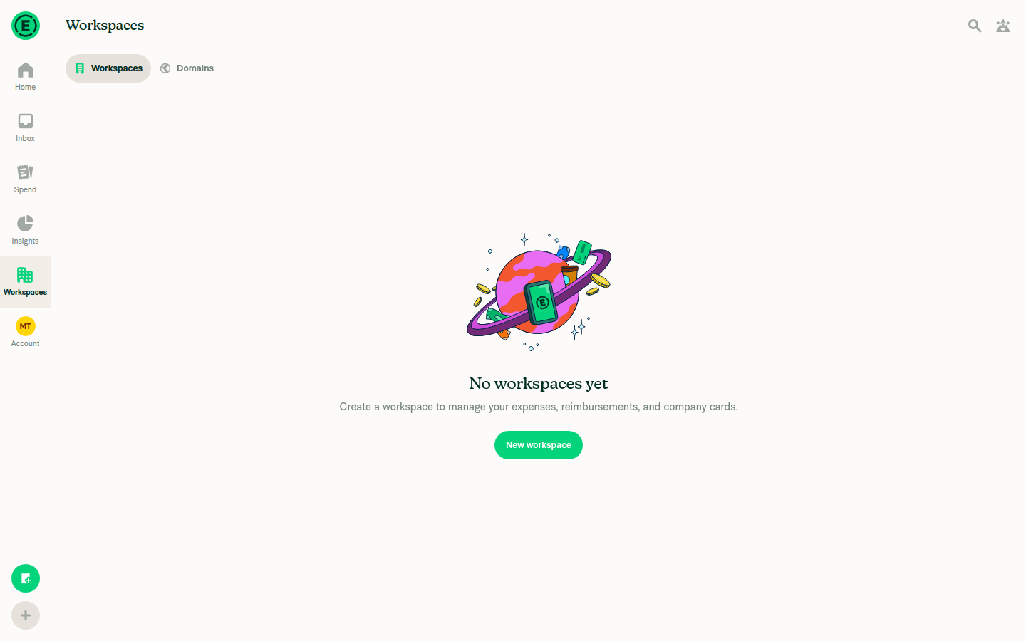 Workspaces tab, no workspaces yet, no errors