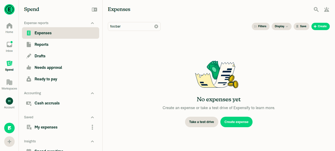 Query type:expense foo:bar returns the normal Expenses view, not an error