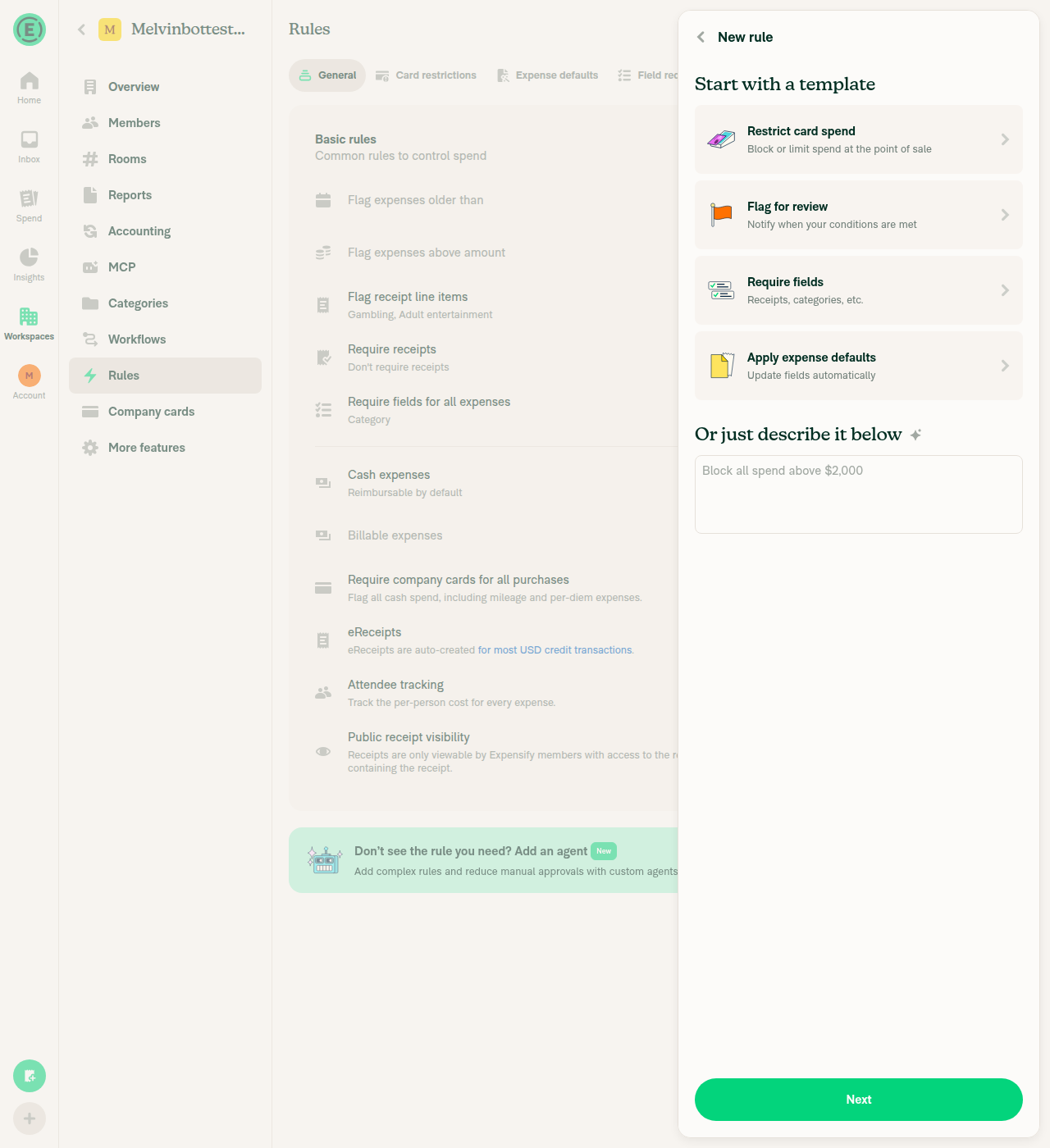 New rule page with four templates and describe section