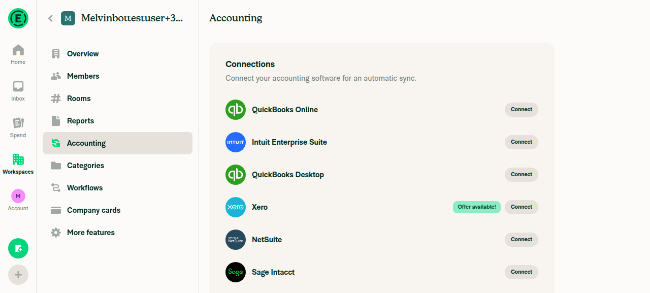 Accounting page listing QuickBooks Online and Intuit Enterprise Suite, both with Connect buttons