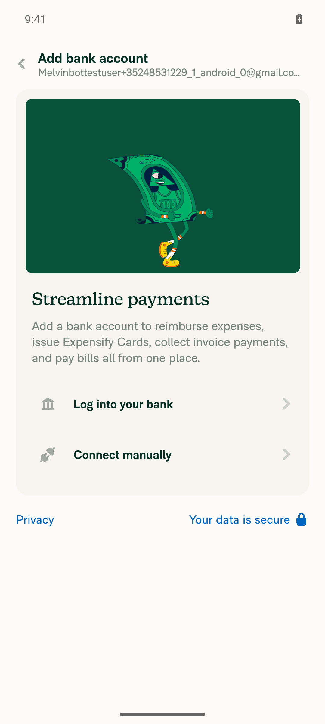 Add bank account chooser (Log into your bank / Connect manually)