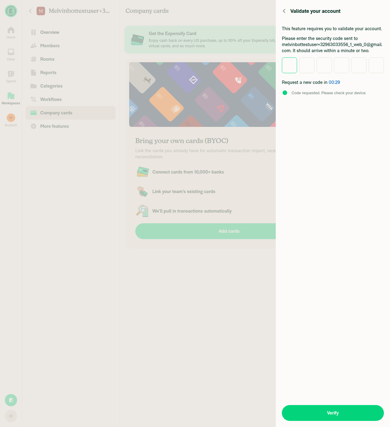 Add cards opened Validate your account RHP (dynamic verify-account route resolved, no Not Found)