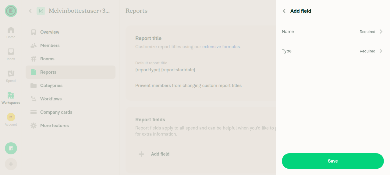 Add field page with Name and Type rows