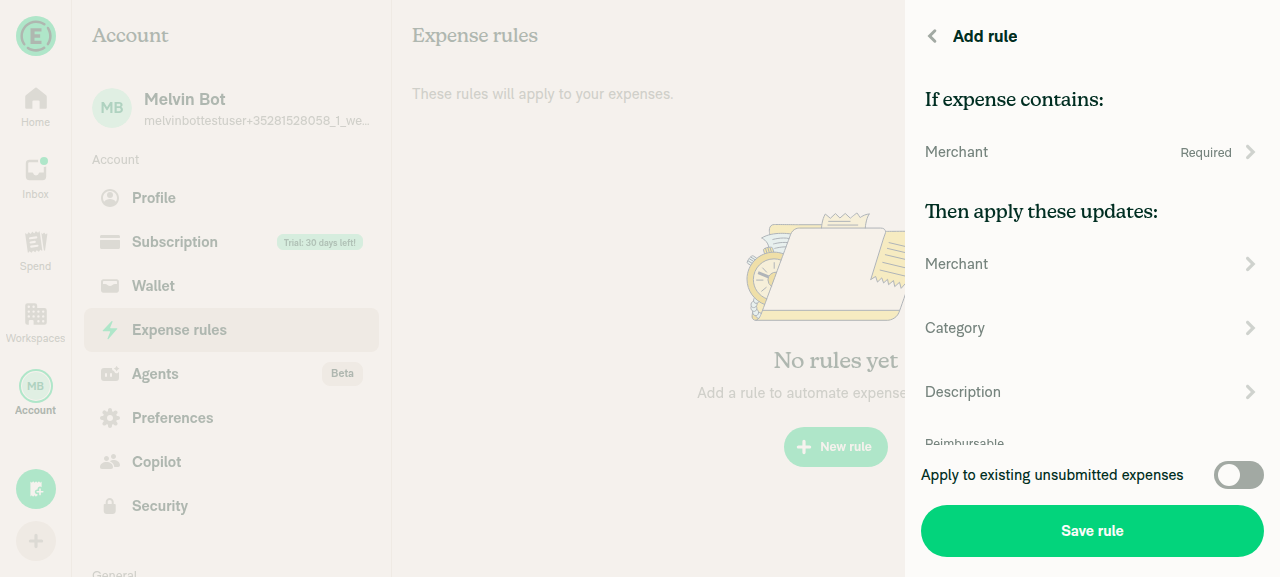 Add rule page showing the Apply to existing unsubmitted expenses toggle above Save rule