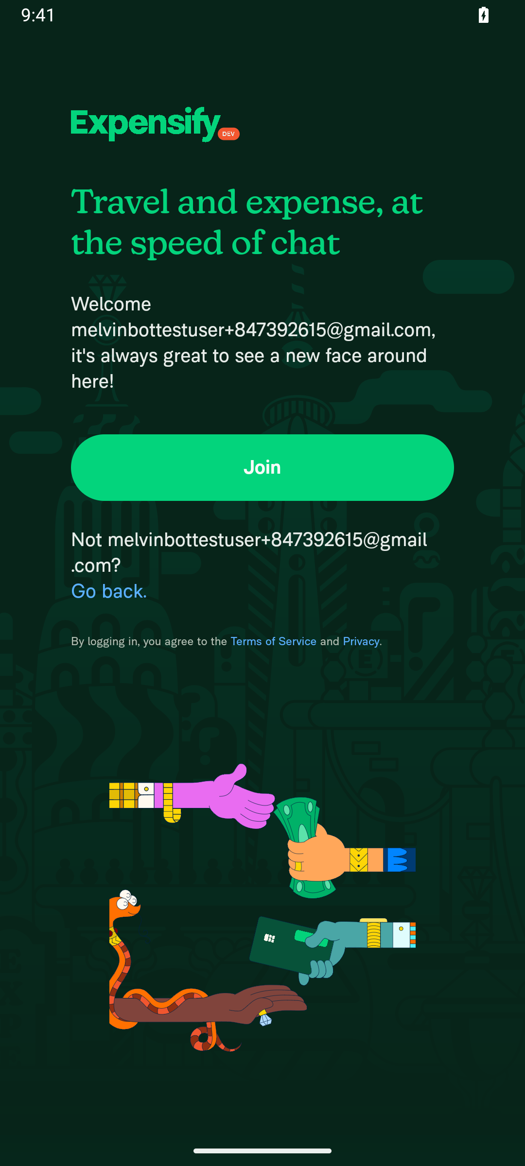 Welcome screen after email entry - new account Join prompt