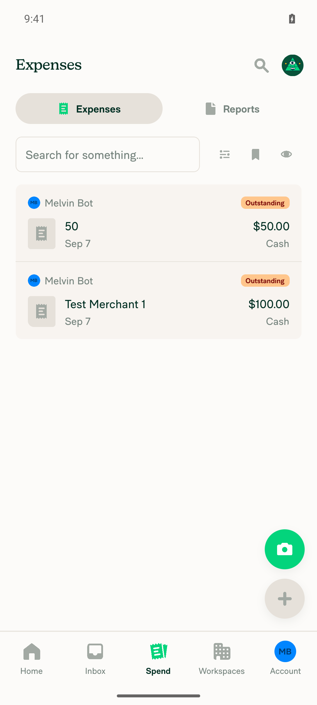Spend > Expenses list showing both the $50.00 and $100.00 expenses