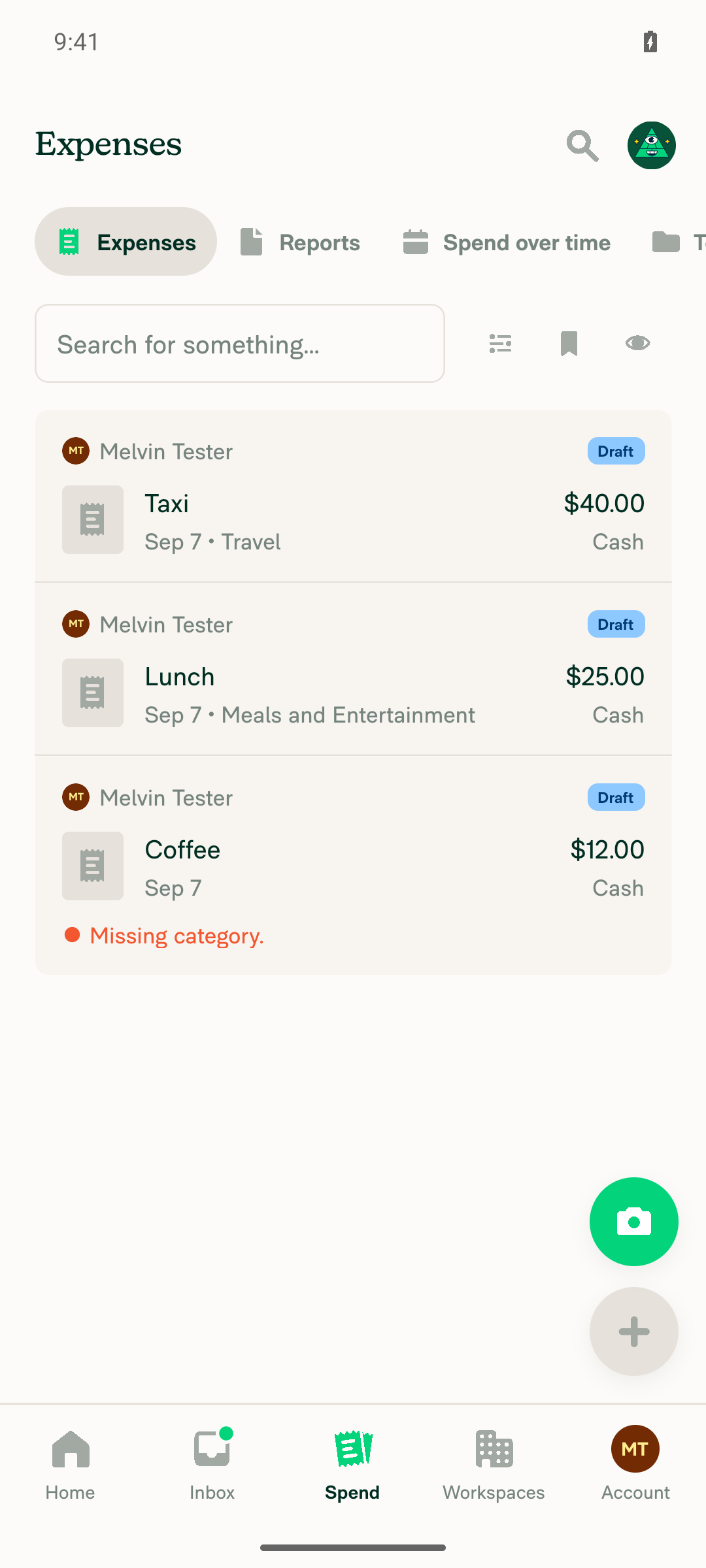 Spend > Expenses with three expenses as narrow card rows, no Category/Tag/Date table columns