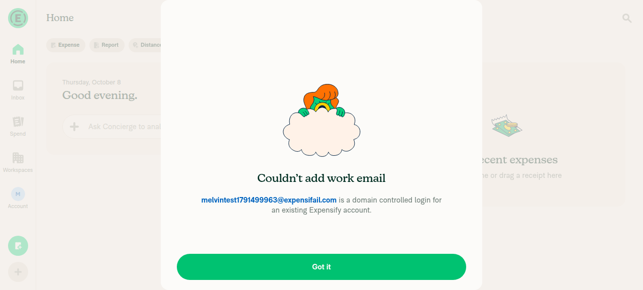 Blocked merge modal: Couldn't add work email, with Got it button