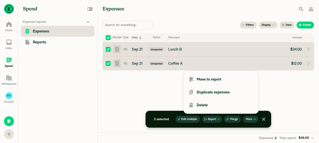 Bulk action menu with 2 selected showing Move to report, Duplicate expenses, Delete