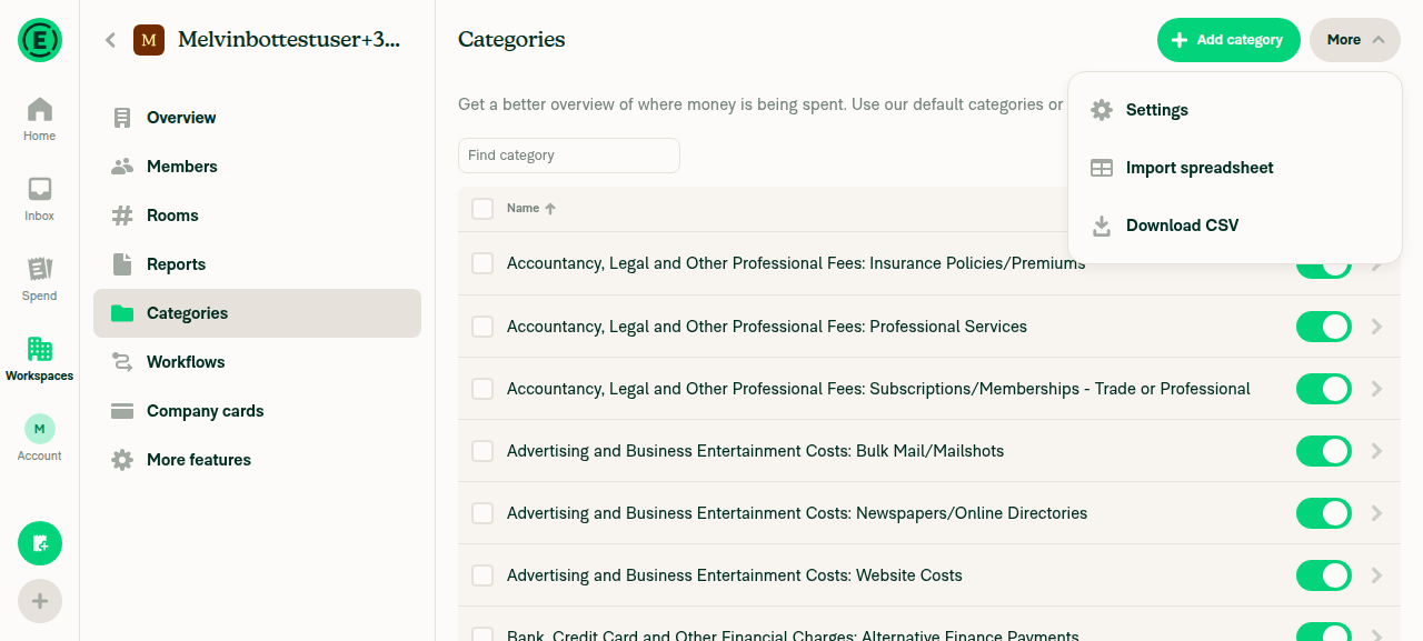 Categories More dropdown showing Settings, Import spreadsheet, Download CSV