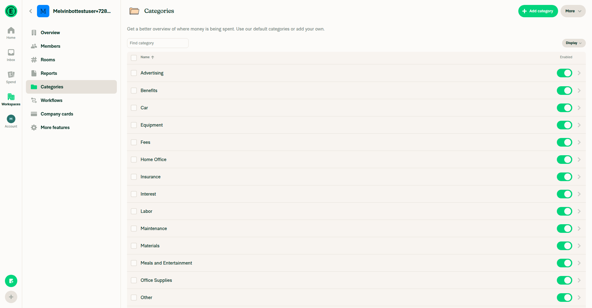 Categories table wide — right-docked Enabled header