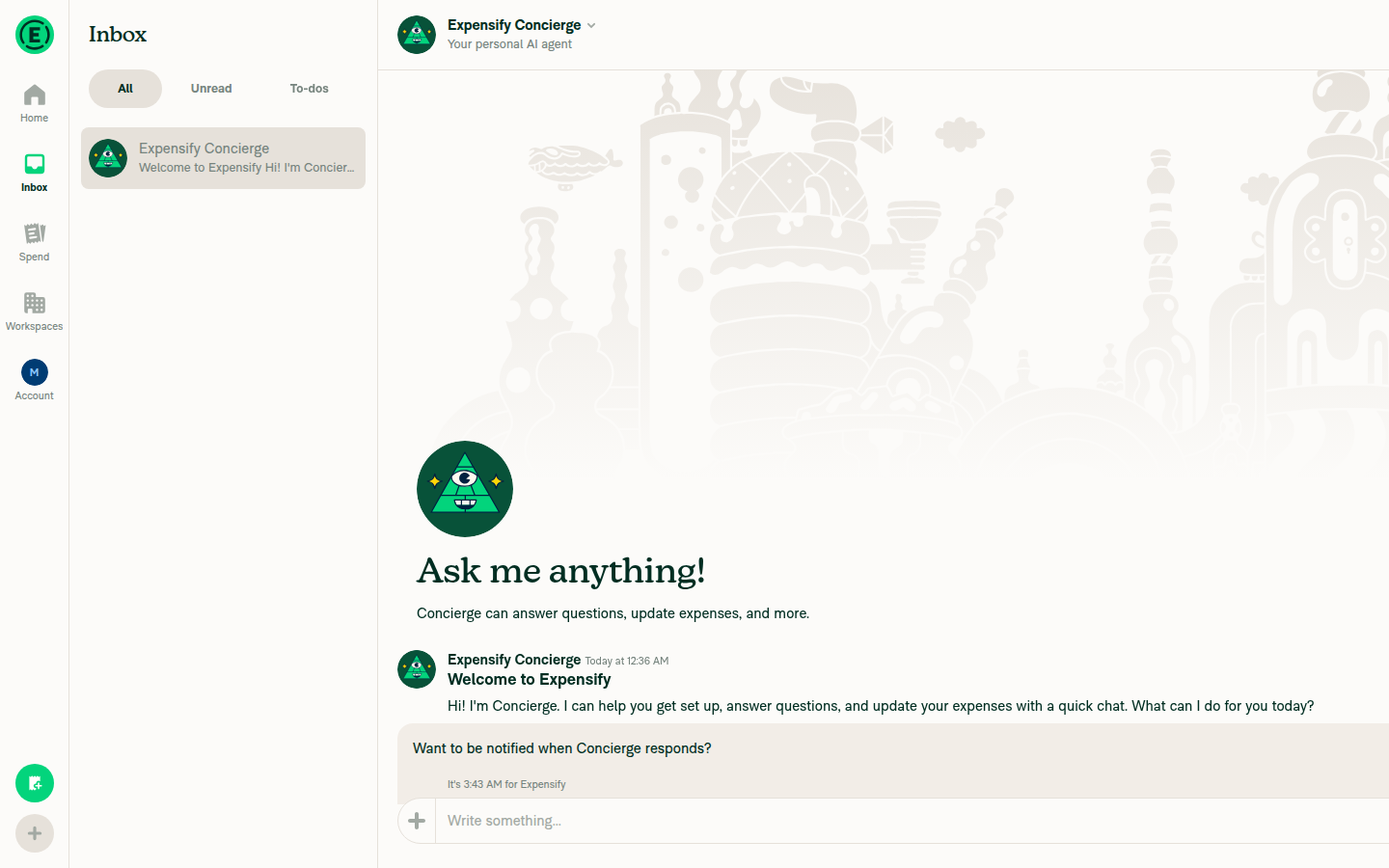 Concierge chat composer after composer-menu Back navigation (mouse-driven smoke)