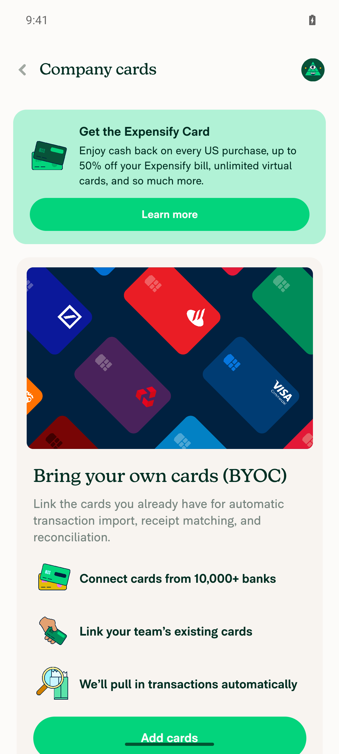 Company Cards page empty state (no feeds) on Android