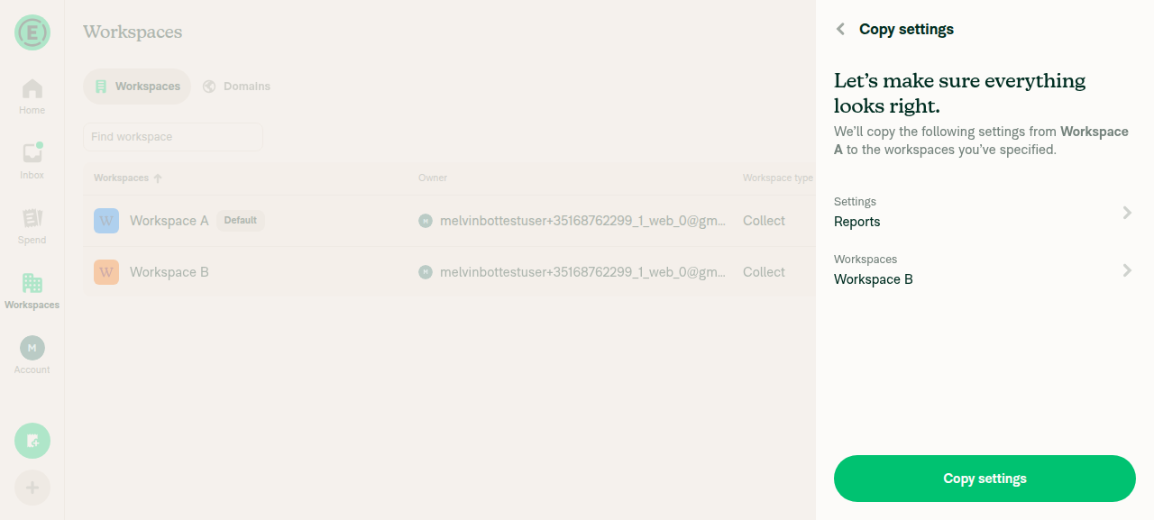 Copy settings confirm page with Reports/Workspace B