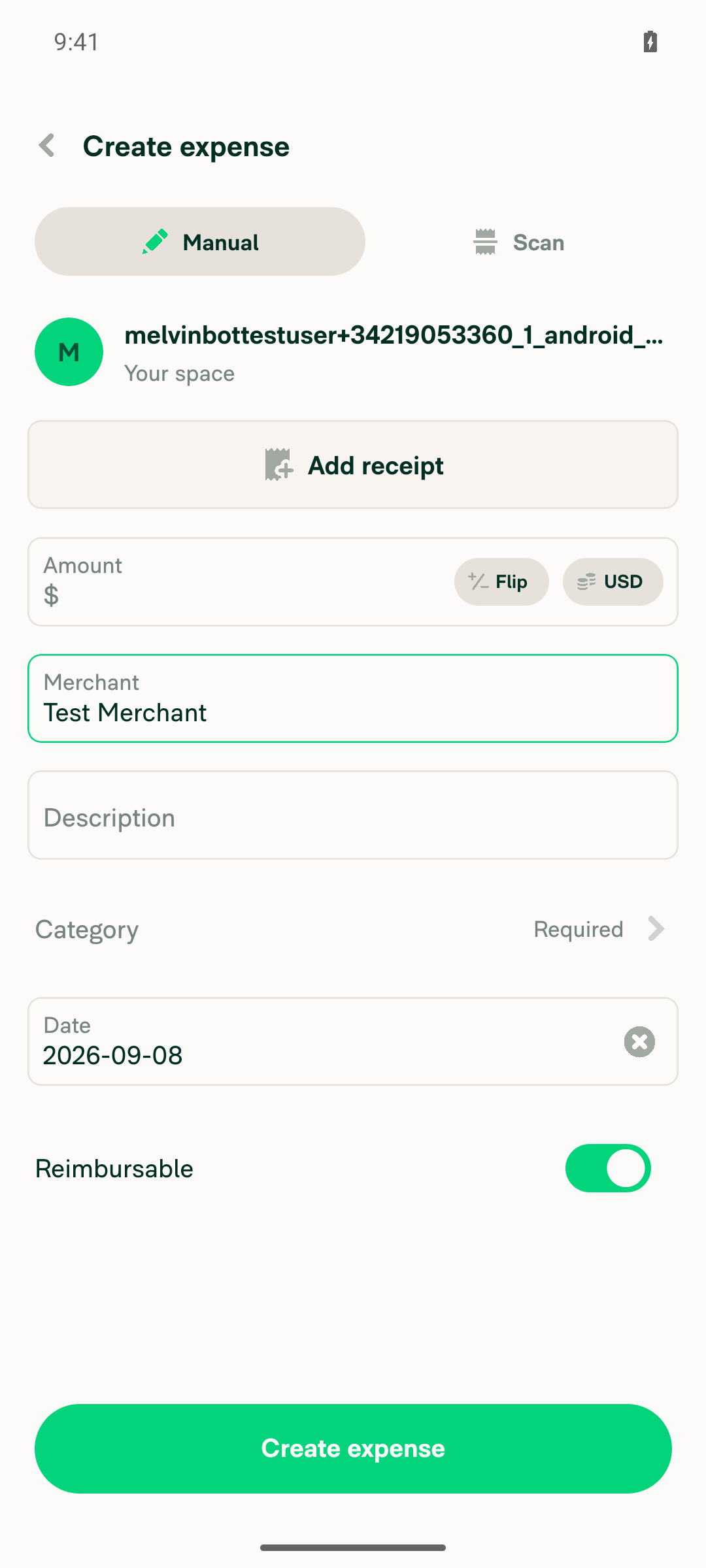 Manual expense entry form with Amount $25 and Merchant 'Test Merchant'