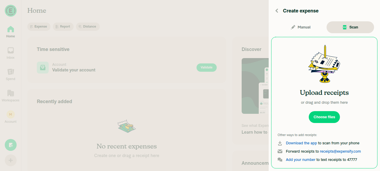 Create expense Scan tab renders correctly on web