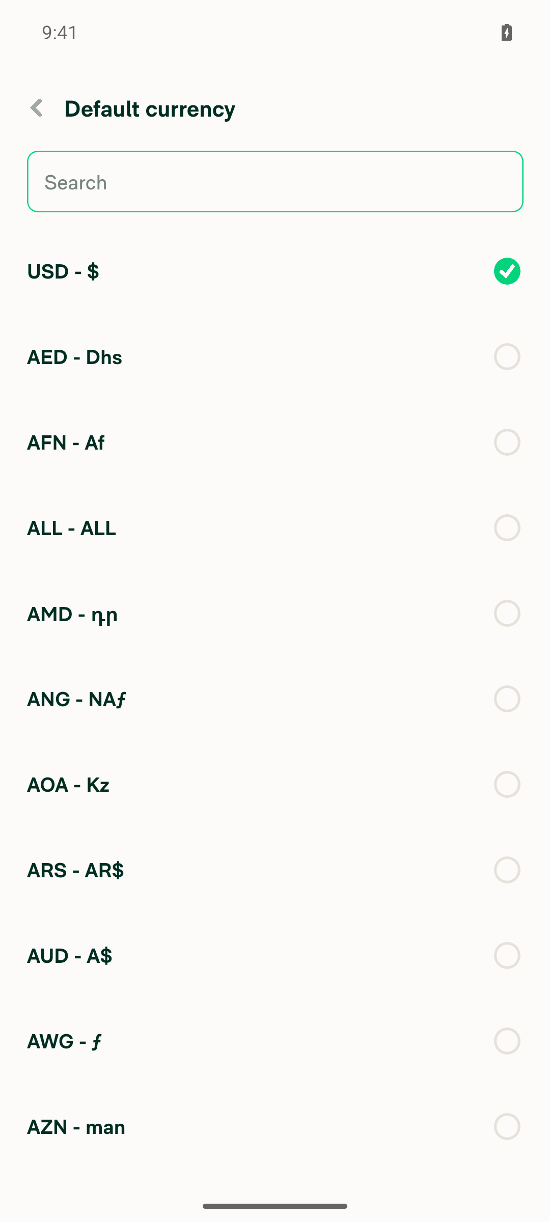Currency selector opened from the Default currency row on the Confirm Workspace page