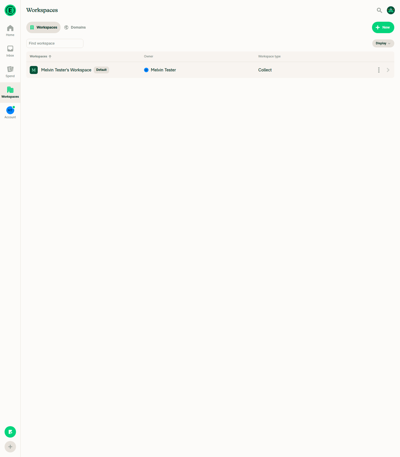 Workspaces list showing Melvin Tester's Workspace with the Default badge
