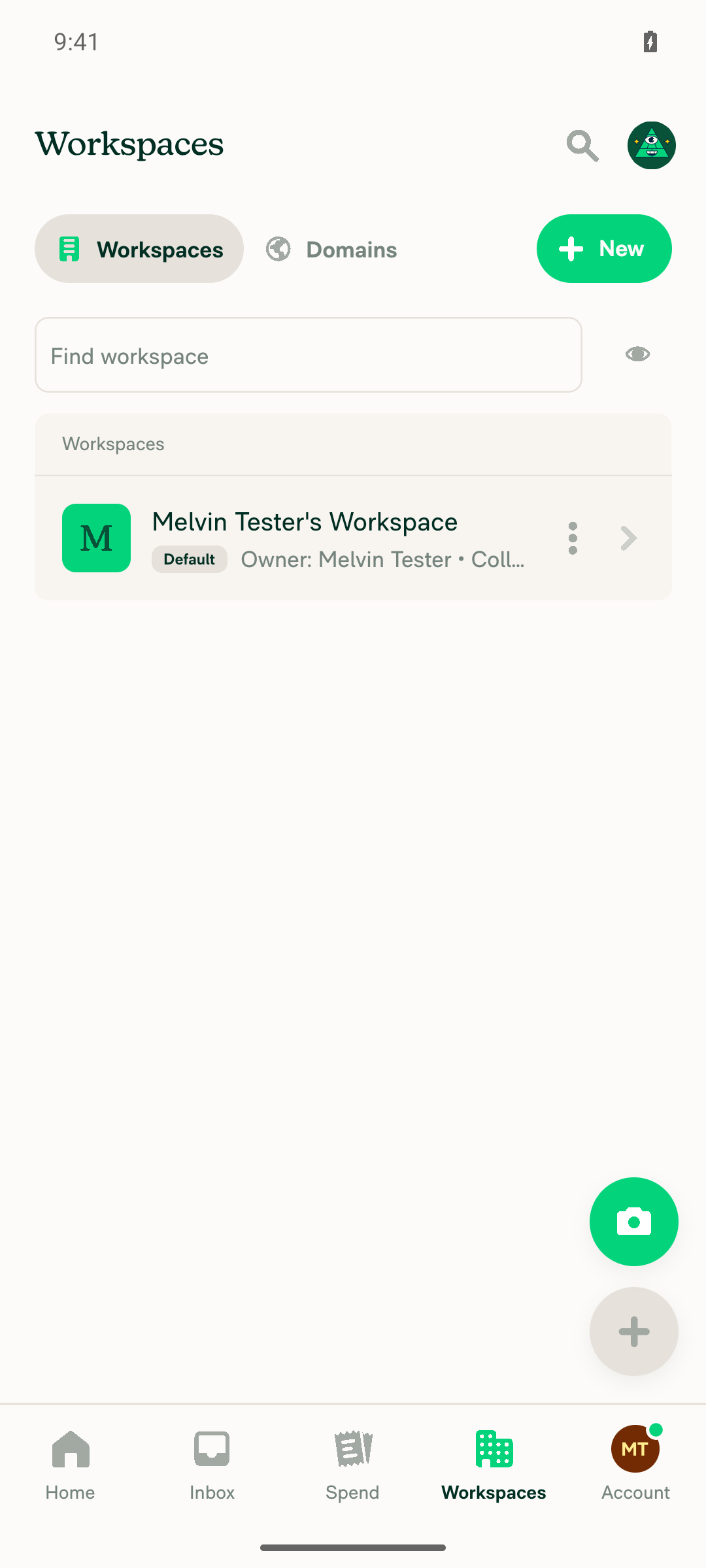 Workspaces list with the Default badge on Melvin Tester's Workspace