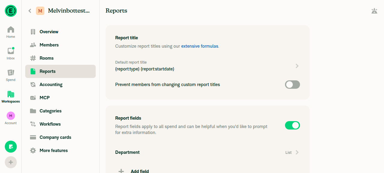 Department field created under Report fields section