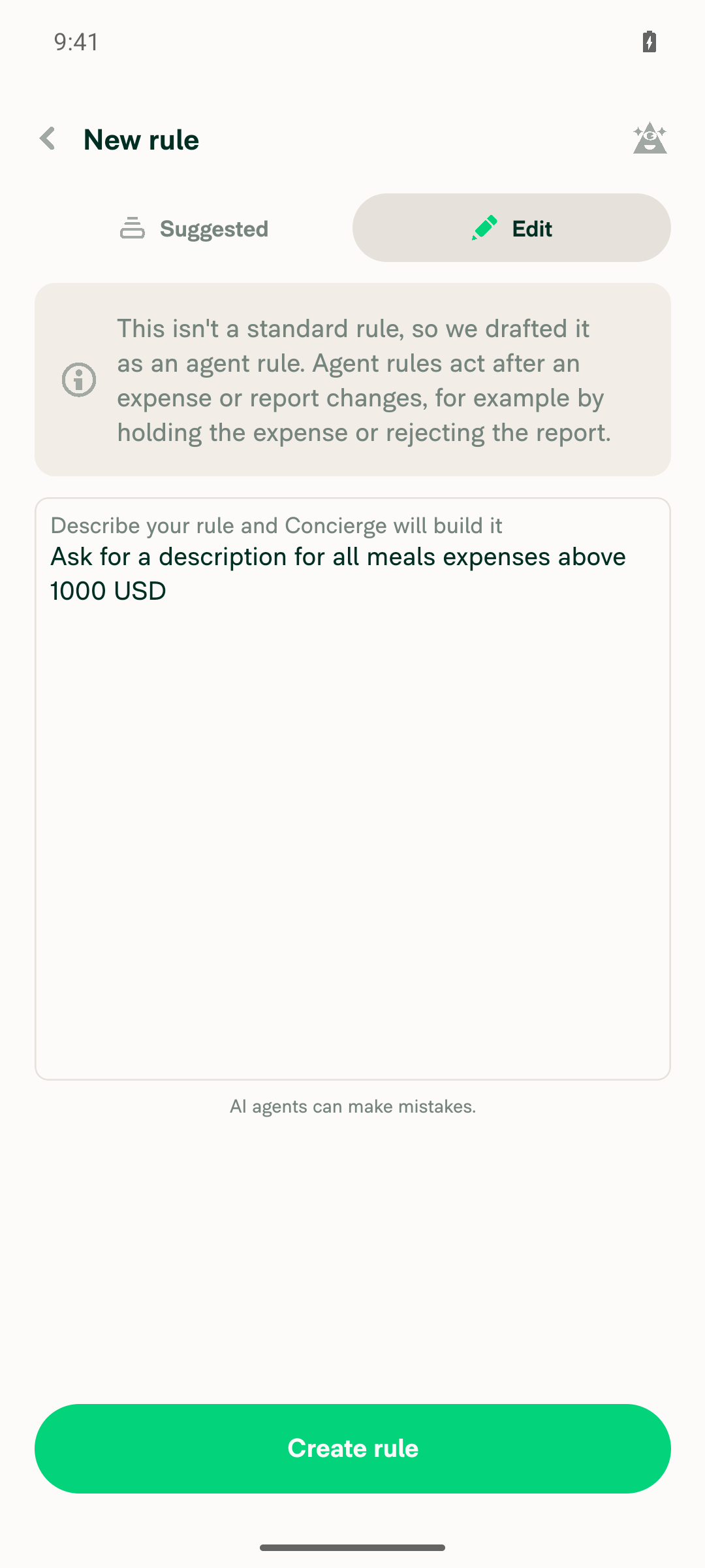 Pre-filled agent-rule draft after describing the rule