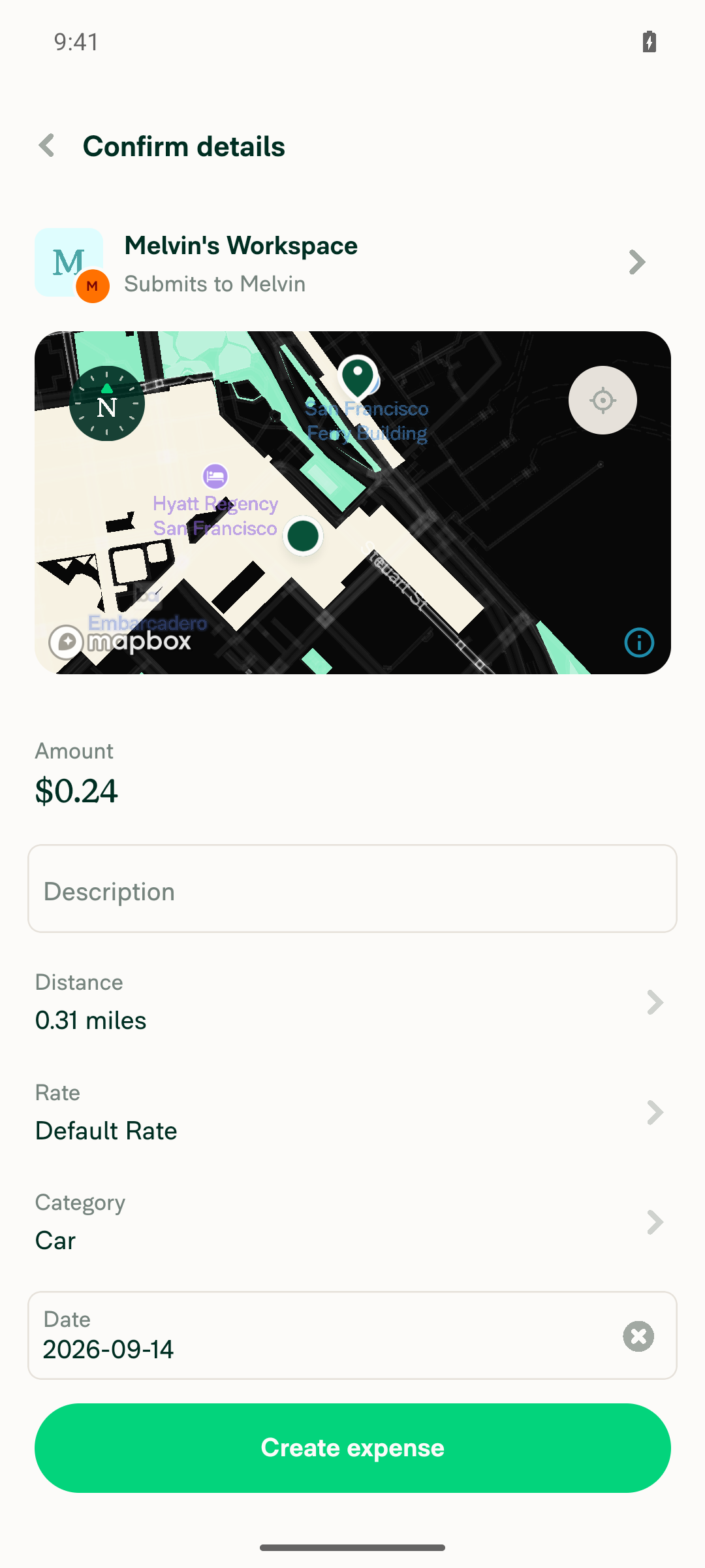 Confirm details screen showing Distance 0.31 miles and Rate Default Rate