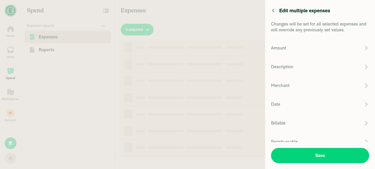 Edit multiple expenses page with Amount, Description, Merchant, Date, Billable, Reimbursable rows