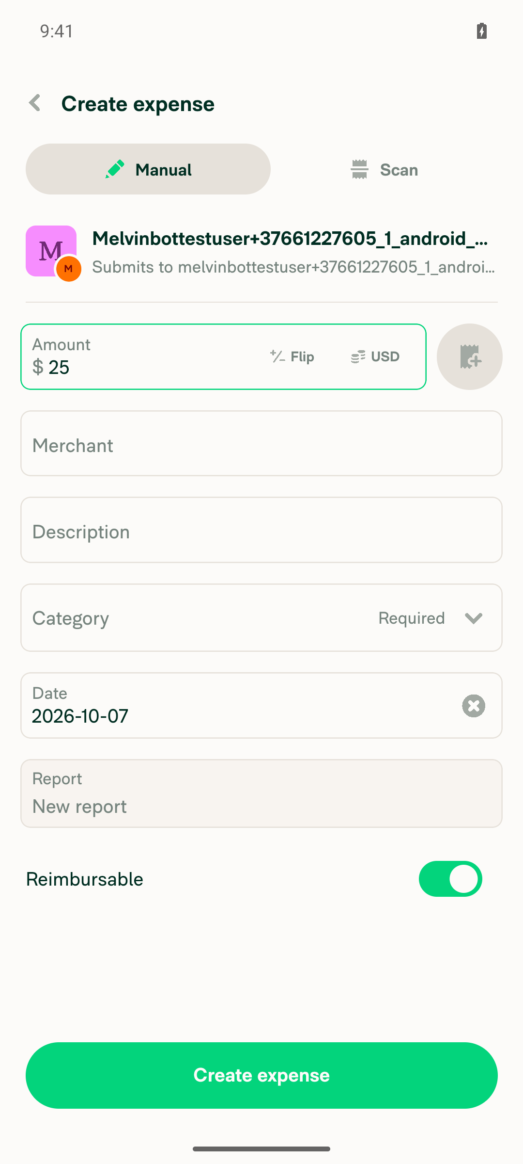 Manual expense confirmation form with evenly spaced Date and Report rows