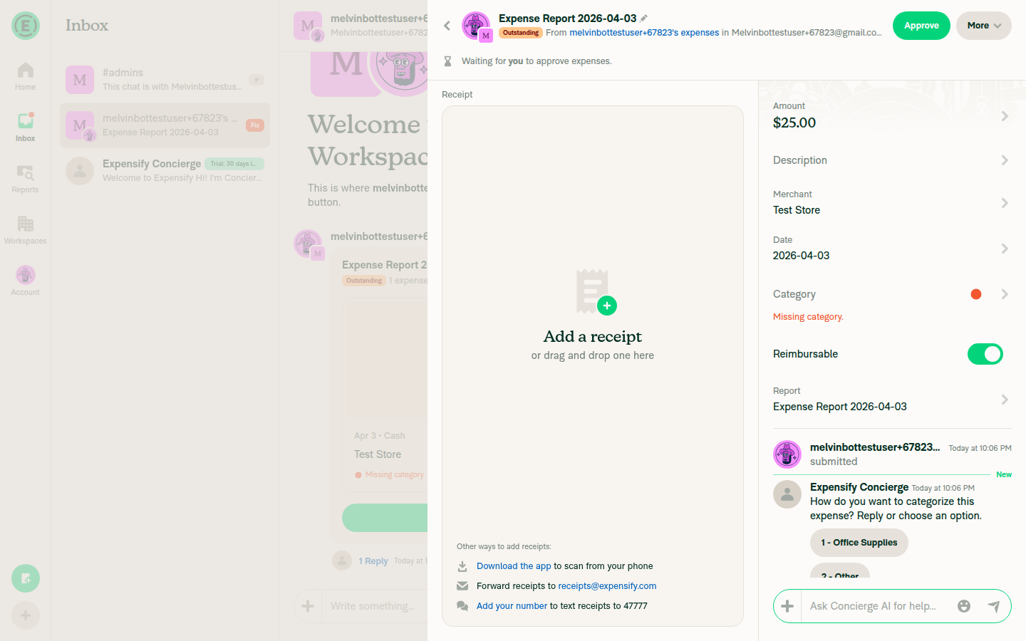 Expense detail view showing Missing category violation text in red